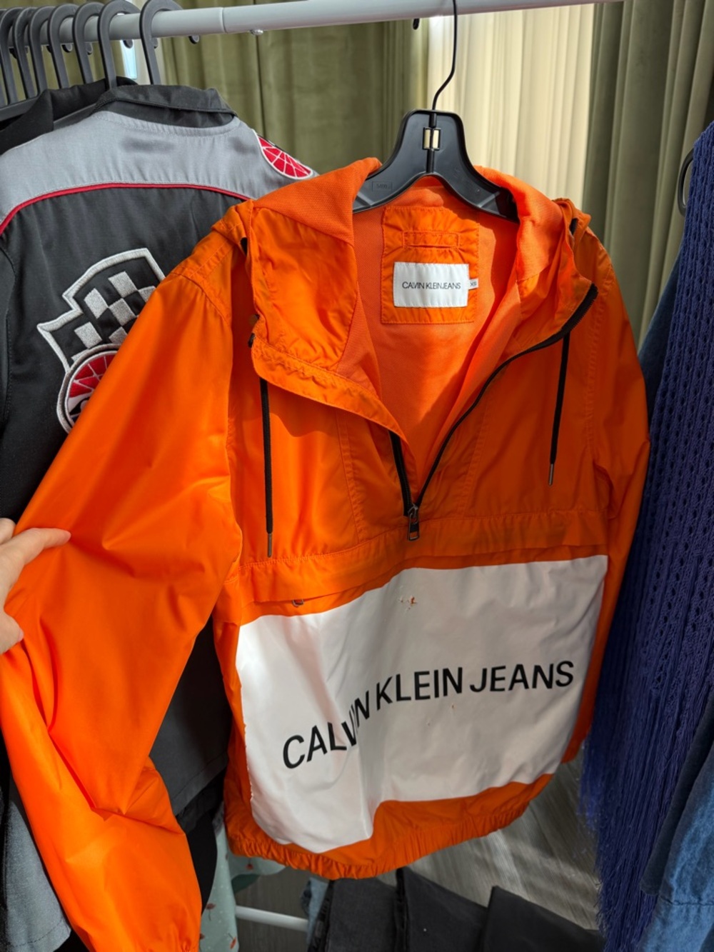 Calvin Klein Jeans Bright Orange Hooded Anorak with White Logo Panel